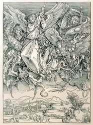 St. Michael Battling com o Dragão do "Apocalipse" ou "As Revelações de São João, o Divino", pub. 1498